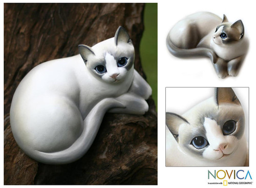 Wood Cat Sculpture from Indonesia 'Friendly Kitten'