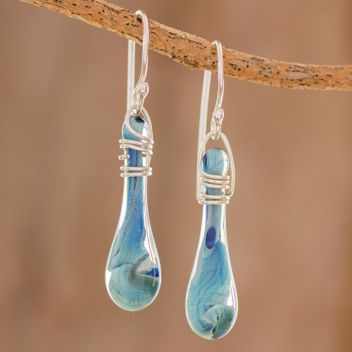 Handcrafted Glass Dangle Earrings from Costa Rica 'Crystalline Summer'