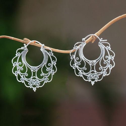 Sterling Silver Hoop Earrings Handcrafted in Bali 'Graceful Glamour'