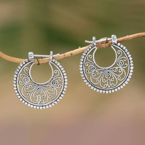 Sterling Silver Hoop Earrings Handcrafted in Bali 'Swirling Radiance'