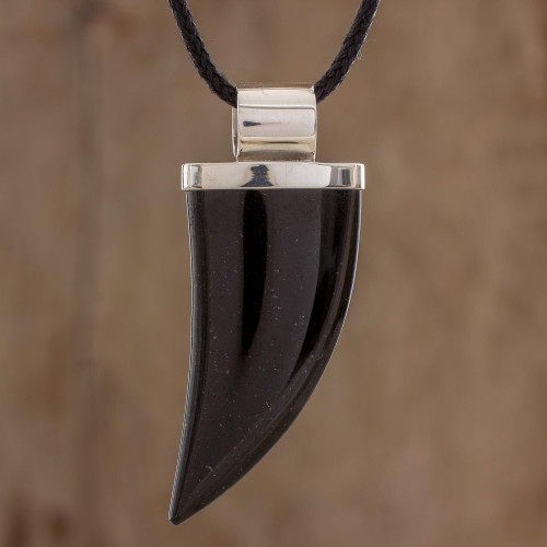 Men's Black Jade and Sterling Silver Fang Pendant Necklace 'Strong Bite'