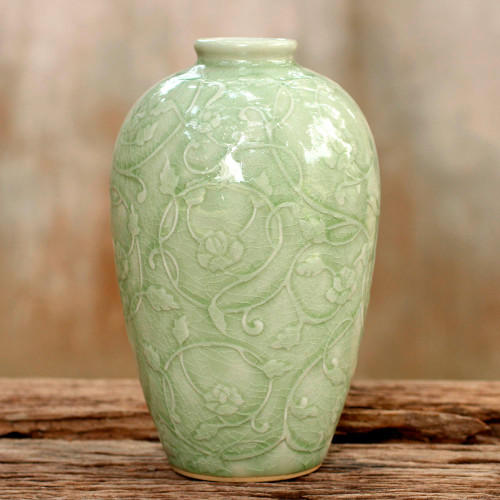Fair Trade Green Celadon Ceramic Vase 'Wildflower'