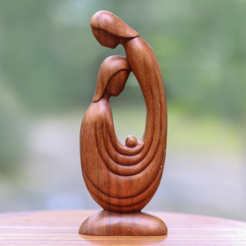 Bali Hand-Carved Wood Parents and Child Family Sculpture 'First Love'