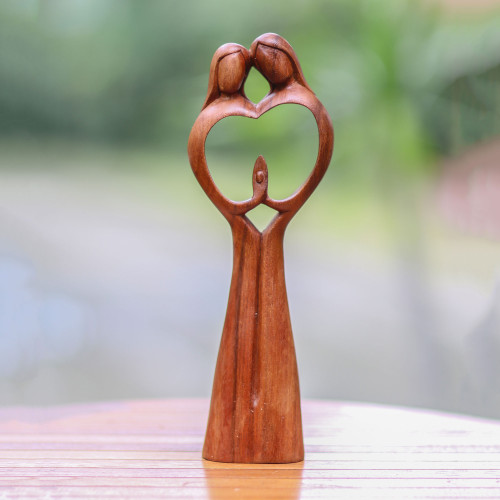 Hand-Carved Couple Family Love Suar Wood Heart Sculpture 'Piece of Me'