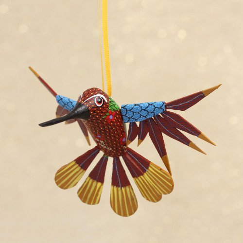 Copal Wood Red Multicolor Alebrije Hummingbird Ornament 'Fanciful Flutter in Red'