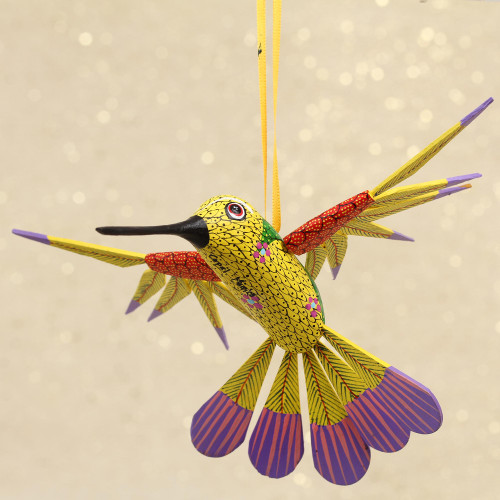 Copal Wood Yellow Colorful Alebrije Hummingbird Ornament 'Fanciful Flutter in Yellow'