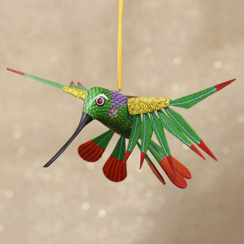 Wood Alebrije Hummingbird Ornament from Mexico 'Natural Flight'
