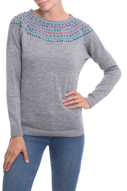 Grey 100 Baby Alpaca Pullover Sweater from Peru 'Weekend Delight'