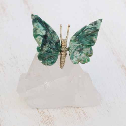 Serpentinite Butterfly Figurine on Quartz Mountain Peak Base 'Gentle Repose'