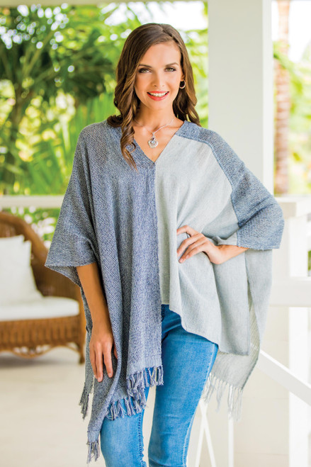 Guatemalan Handwoven Natural and Recycled Cotton Poncho 'Textures of Guatemala'