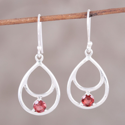 Garnet and Sterling Silver Double Teardrop Dangle Earrings 'Dawn's Dew'