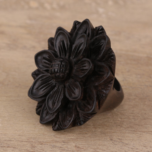 Hand-Carved Sunflower Wood Cocktail Ring from India 'Exotic Sunflower'