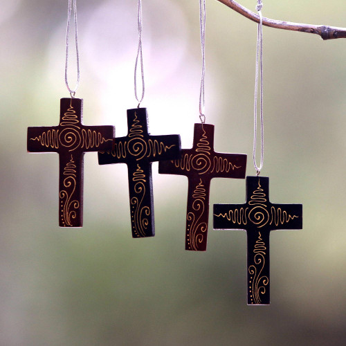 Mahogany Wood Hand Painted Cross Ornaments Set of 4 'Jubilant Cross'