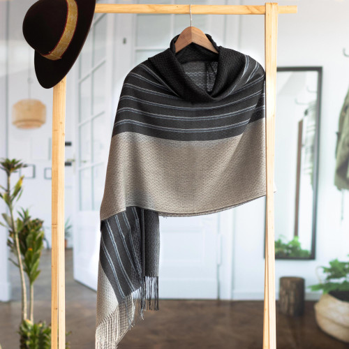 Hand Woven Grey Striped Alpaca Blend Shawl from Peru 'Magnificent Grey'