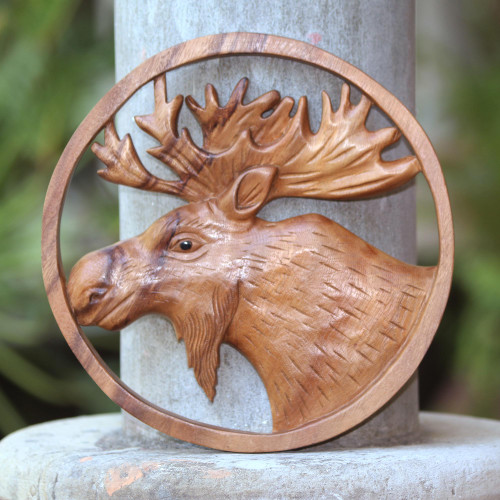 Hand Carved Suar Wood Moose Wall Panel 'Moose Portrait'