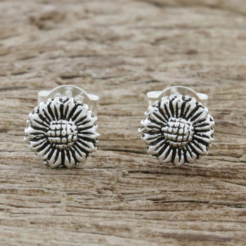 Sterling Silver Sunflower Stud Earrings from Thailand 'Cute Sunflowers'