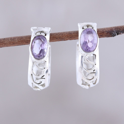 Oval Amethyst and Sterling Silver Openwork Hoop Earrings 'Eventide Glow'