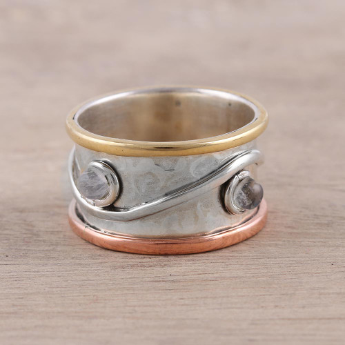 Mixed Metals and Rainbow Moonstone Hammered Band Ring 'Sparkling Union'