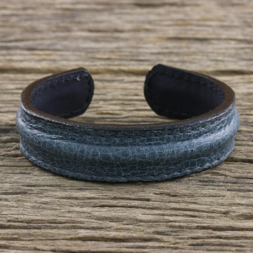 Men's Handcrafted Teal Leather Cuff Bracelet from Thailand 'Rugged Simplicity'