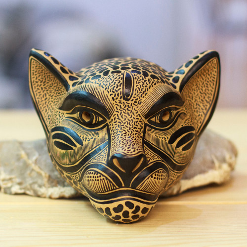 Beige and Black Ceramic Jaguar Decorative Mask Wall Art 'Observant Jaguar'