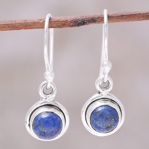 Round Lapis Lazuli Dangle Earrings from India 'Adorable Moon in Deep Blue'