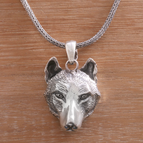 Handcrafted Sterling Silver Wolf Head Pendant Necklace 'Wolf'