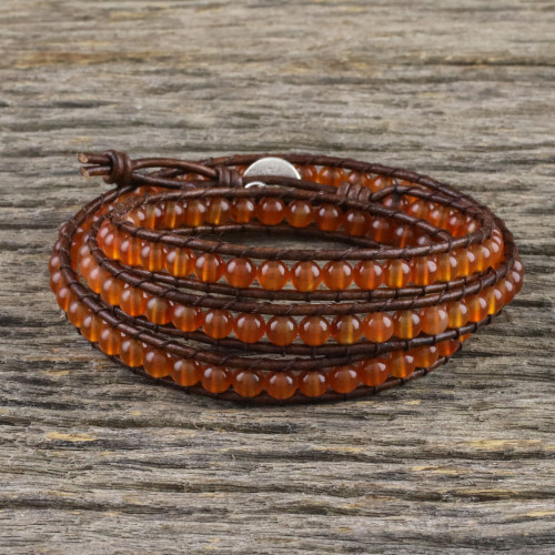 Carnelian and Leather Beaded Wrap Bracelet from Thailand 'Spring Fire'