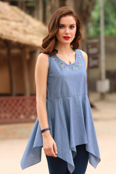 Blue Cotton Floral Embroidered Peplum Sleeveless Blouse 'Floral Adornment'