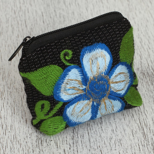 Floral Embroidered Cotton Coin Purse from Mexico 'Exalted Flower'