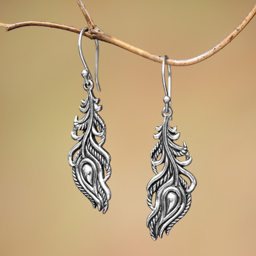 Sterling Silver Peacock Feather Dangle Earrings from Bali 'Peacock Luck'