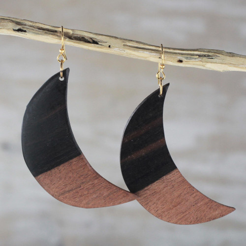 Handcrafted Ebony Wood Crescent Moon Dangle Earrings 'Moon in Shadow'