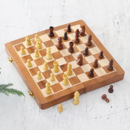 Wood Travel Chess Set with Board Folding into Storage Case 'Strategist'