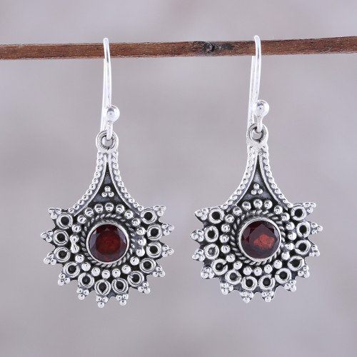 Handmade Garnet Dangle Earrings from India 'Gemstone Flowers'