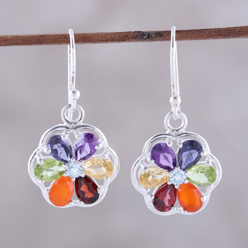 Multi-Gemstone Chakra Dangle Earrings from India 'Chakra Flowers'