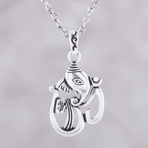 Sterling Silver Ganesha as Om Pendant Necklace from India 'Artistic Om Ganesha'