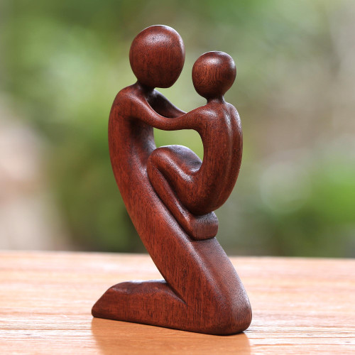 Suar Wood Father and Child Sculpture from Bali 'Playful Father'