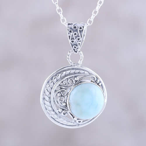 Crescent Motif Larimar Pendant Necklace from India 'Crescent Elegance'