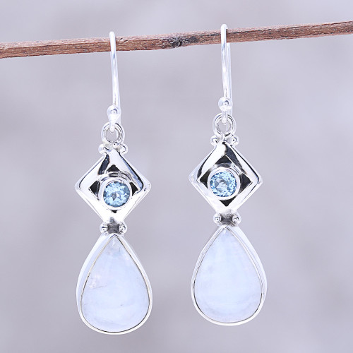 Teardrop Rainbow Moonstone and Blue Topaz Earrings 'Misty Moods'