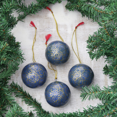 Papier Mache Ornaments in Blue and Gold Set of 4 'Kashmir Cheer'