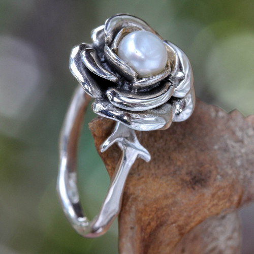 Hand Crafted Sterling Silver and Pearl Flower Ring 'White Rose'