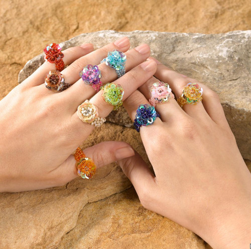 Floral Glass Beaded Stretch Cocktail Rings Set of 10 'Javanese Flora'