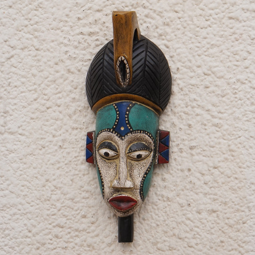 Handmade African Wood Mask in Blue from Ghana 'Benevolent Emiyi'