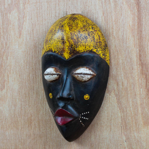 Hand-Carved Black and Yellow African Wood Mask from Ghana 'Adaoma Woman'