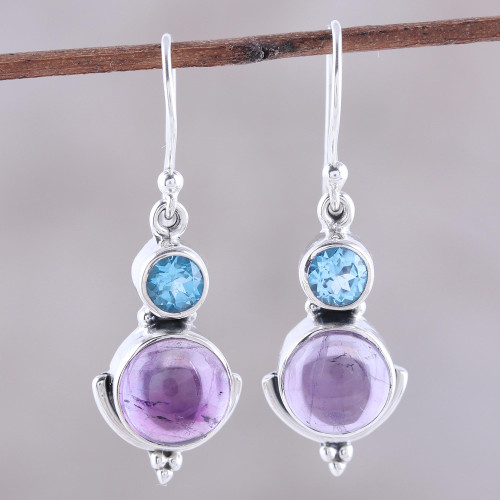 Amethyst and Blue Topaz Dangle Earrings from India 'Lively Harmony'