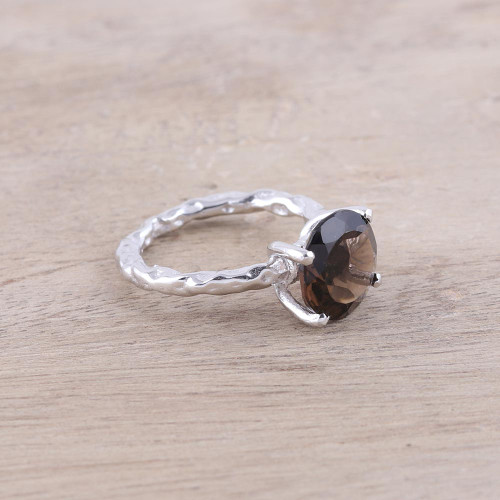 Rhodium Plated Smoky Quartz Solitaire Ring from India 'Elegant Dazzle'