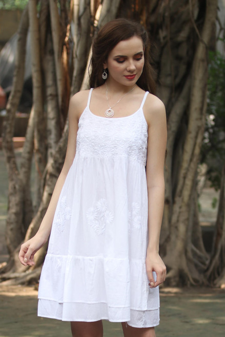 Strappy White Cotton Chikankari Embroidered Dress from India 'Breezy Summer'