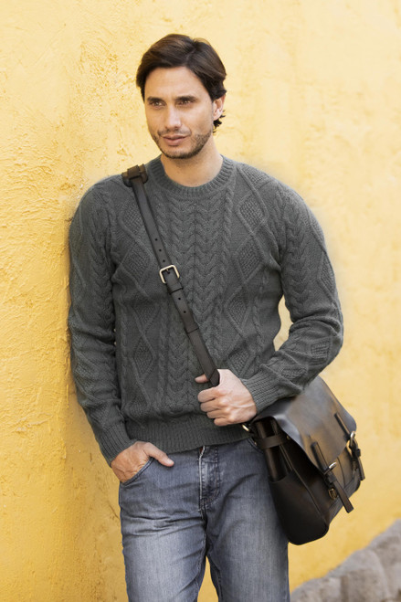 Men's Knit 100 Alpaca Pullover in Moss from Peru 'Moss Ropes'
