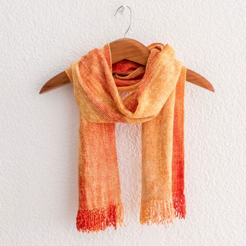 Handwoven Orange Rayon Chenille Scarf from Guatemala 'Sunrise Orange'