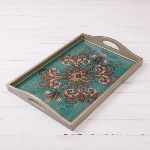 Floral Reverse-Painted Glass Tray from Peru 'Enchanting Flowers in Teal'