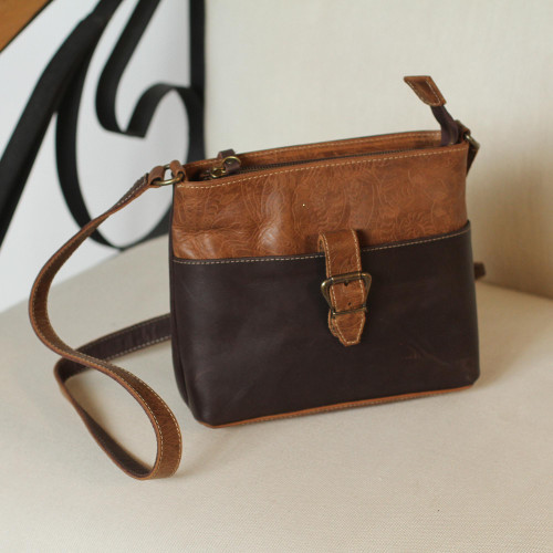 Embossed Leather Sling in Chocolate and Espresso 'Brunch'